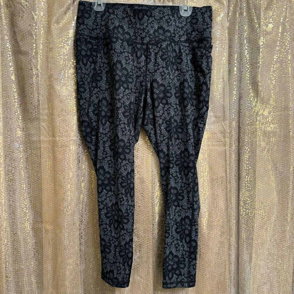 LIVI Active Dark Grey Black Lace Print High Rise Activewear Leggings 14/16